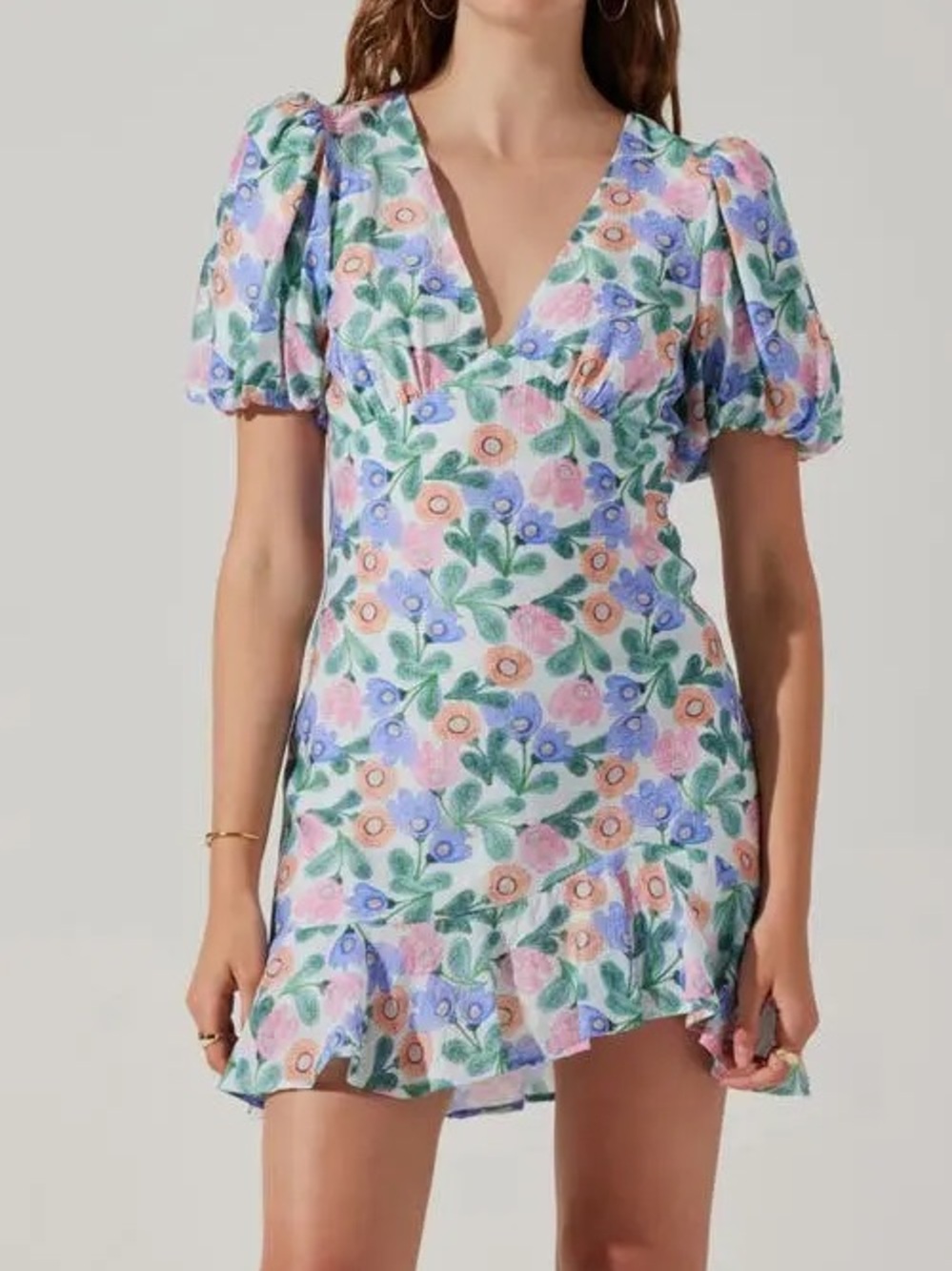 ASTR The Label Floral V-Neck Puff Sleeve Mini Dress